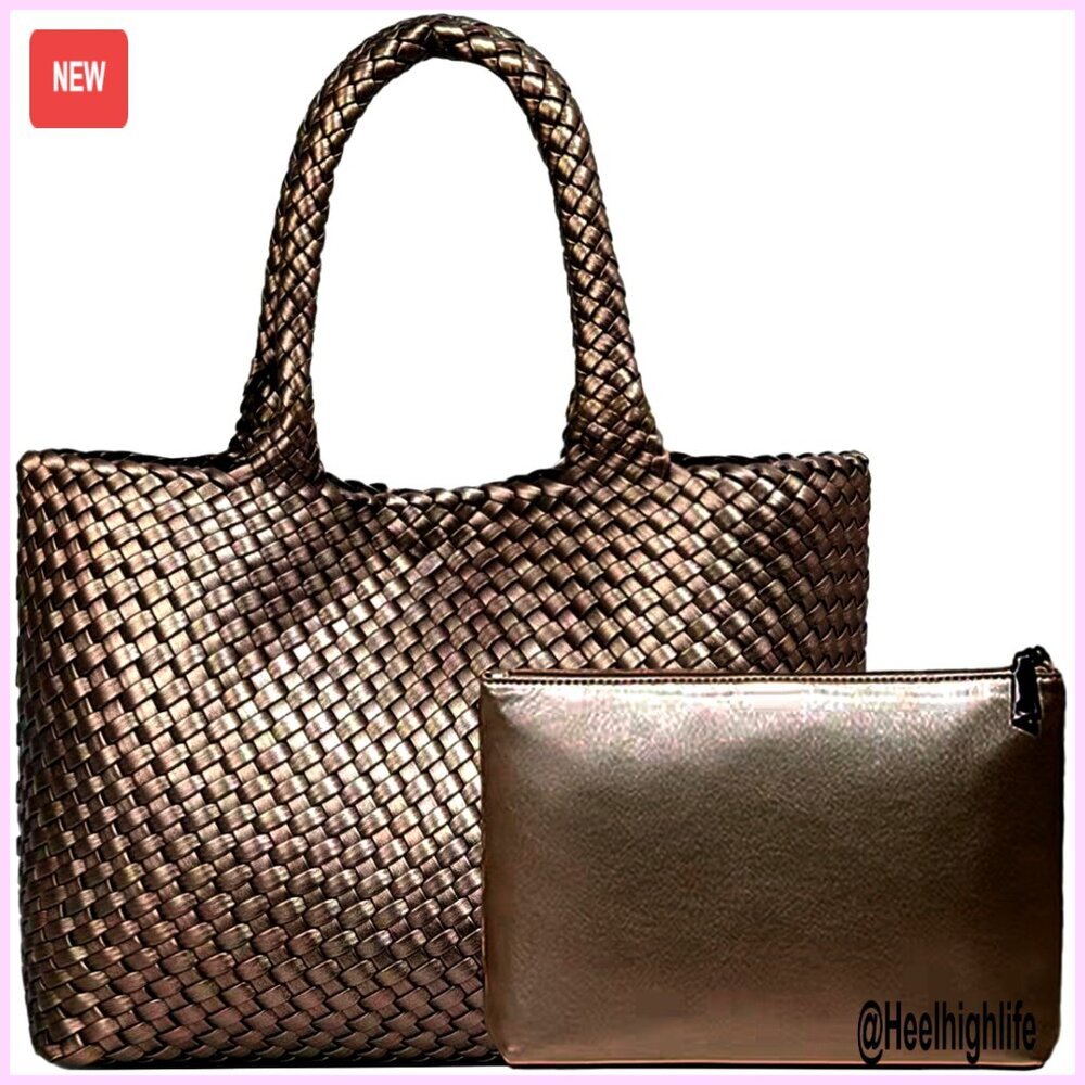 Woven Tote Bag Handmade Vegan Leather Large Shoulder Purse Chic Retro - Picture 1 of 5